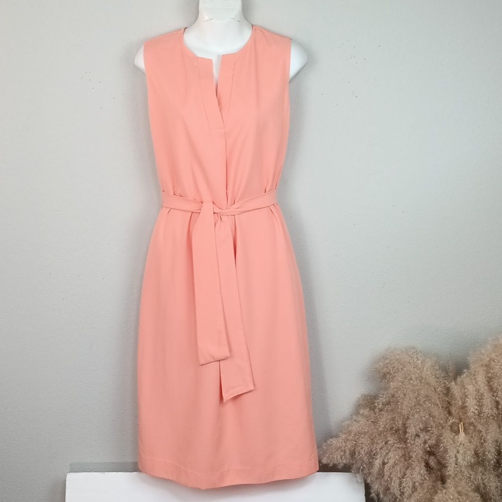 Alex Marie Women Apricot Sleeveless V Neck Belted Sheath Midi Dress sz 4